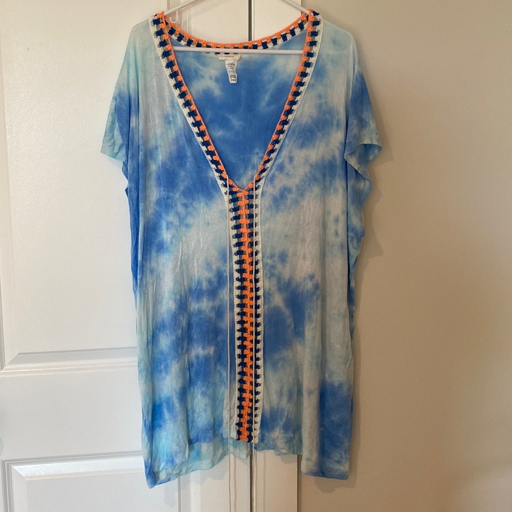 Honeylee blue and white tie dye swim cover up with crochet detail
